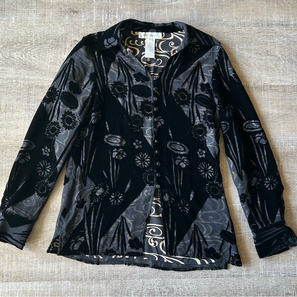 Artsy Witchy Women 4 Black Floral Velvet Long Sleeve Silk lined Blouse Top sheer
